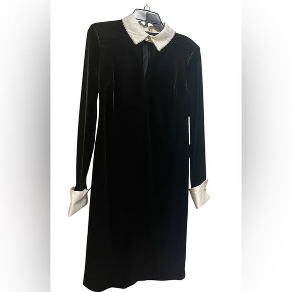 KARL LAGERFELD BLACK VELVET DRESS CONTRAST CUFF & COLLAR LONG SLEEVE SIZE 6 - Picture 10 of 15